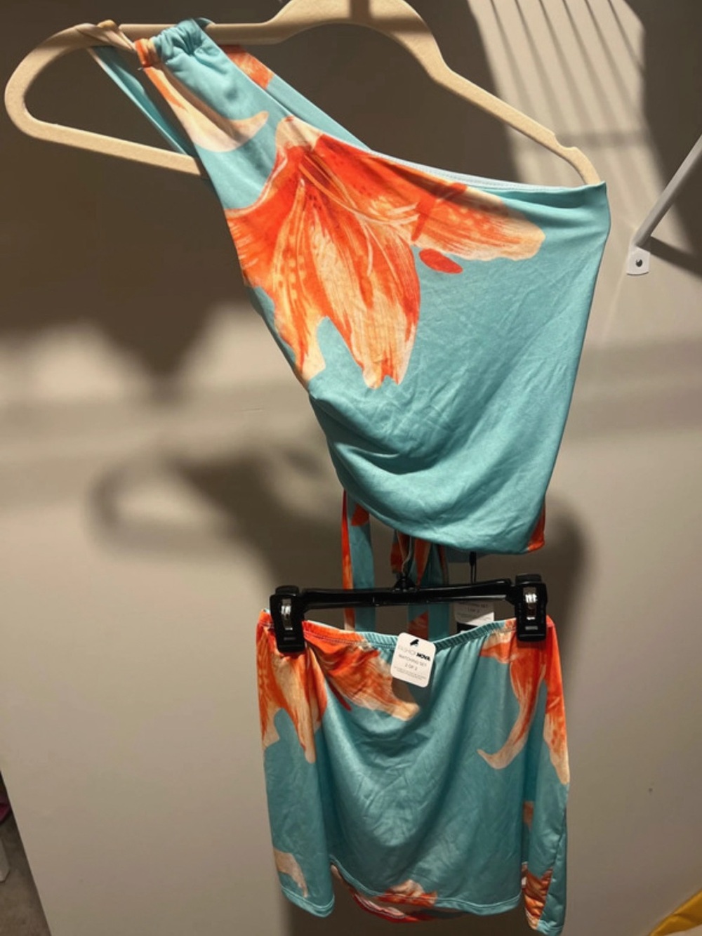 Fashion Nova Aqua & Orange Floral One-Shoulder Skirt Set